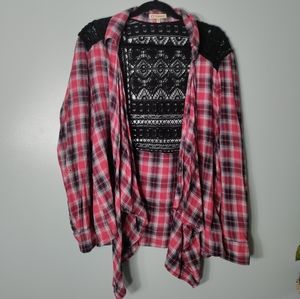 Democracy lace back plaid flannel cardigan